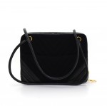 Vintage Chanel 10" Black V-Quilted Cotton Leather Trimming Medium Shoulder Bag
