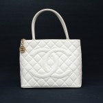 Chanel Medallion White Quilted Caviar Leather Tote Hand Bag