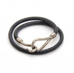 Hermes Black Leather x Silver Tone Hook Double Wrap Jumbo Bracelet