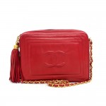 Vintage Chanel 9inch Red Quilted Leather Fringe Shoulder Pochette Bag