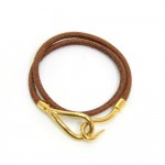 Hermes Brown Leather x Gold Tone Hook Double Wrap Jumbo Bracelet