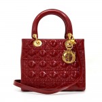 Christian Dior Lady Dior 10inch Red Quilted Patent Leather Hand Bag + Strap