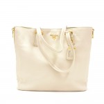 Prada White Calfkin Leather Zip Shoulder Tote Bag