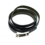 Hermes Api III Black Leather Silver Tone H Logo Long Wrap Bracelet