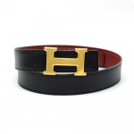 Hermes Burgundy x Black Leather x Gold Tone H Buckle Belt Size 70