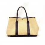 Hermes Garden Party PM Brown Leather Beige Canvas Hand Bag