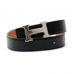 Hermes Brown x Black Leather x Silver Tone H Buckle Belt Size 60