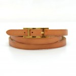 Hermes Api III Brown Leather Gold Tone H Logo Long Wrap Bracelet
