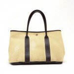 Hermes Garden Party PM Dark Brown Leather Beige Canvas Hand Bag