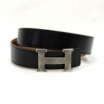 Hermes Brown x Black Leather x Silver Tone H Buckle Belt Size 65