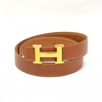 Hermes Brown Leather x Gold Tone H Buckle Belt Size 65