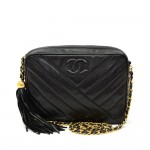Vintage Chanel Small Black Quilted Leather Fringe Shoulder Bag