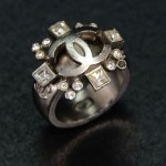 Chanel Silver Tone CC Logo Ring With Stone