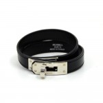 Hermes Kelly Black Leather x Silver Tone Bracelet