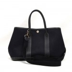 Hermes Garden Party TPM Black Leather Canvas Hand Bag + Strap