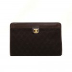 Vintage Chanel Chocolate Brown Quilted Cotton x Leather Piping Clutch Bag