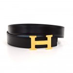 Hermes Blue x Black Leather x Gold Tone H Buckle Belt Size 80