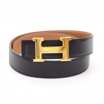 Hermes Brown x Black Leather x Gold Tone H Buckle Belt Size 65