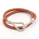 Hermes Brown and Orange Leather Long Wrap Bracelet Silver Tone