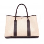 Hermes Garden Party PM Dark Brown Leather Beige Canvas Hand Bag