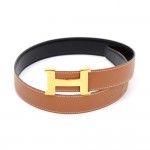 Hermes Brown x Black Leather x Gold Tone H Buckle Belt Size 65