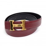 Hermes Burgundy x Black Leather Gold Tone H Buckle Belt Size 70