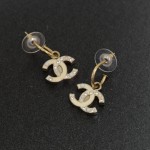 Chanel Gold Tone x White CC Logo Pierced Earrings With Stones