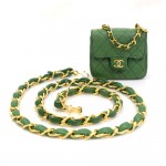 Vintage Chanel Green Quilted Leather Gold Tone Chain Belt + Mini Bag Charm