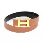Hermes Brown x Black Leather Gold Tone H Buckle Belt Size 65