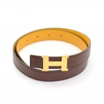 Hermes Brown x Yellow Leather x Gold Tone H Buckle Thin Belt Size 75