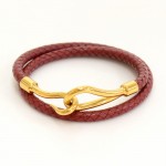 Hermes Red Leather x Gold Tone Hook Double Wrap Jumbo Bracelet