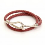 Hermes Red Leather x Silver Tone Hook Double Wrap Jumbo Bracelet