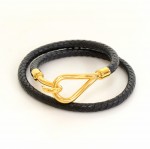 Hermes Black Leather x Gold Tone Hook Double Wrap Jumbo Bracelet