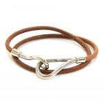 Hermes Brown Leather x Silver Tone Hook Double Wrap Jumbo Bracelet