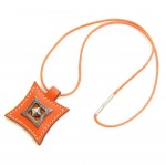 Hermes Orange Leather x Silver Tone Pendant String Choker Necklace