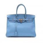 Hermes Birkin 35cm Blue Taurillon Clemence Leather Silver Tone Hardware Hand Bag