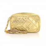Vintage Chanel Metallic Gold Quilted Leather Fringe Mini Clutch Bag