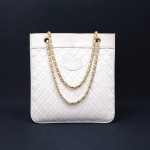 Vintage Chanel White Quilted Leather Flat Tote Hand Bag