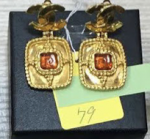 79 Chanel Red Stone x Gold Tone CC Logo Earrings