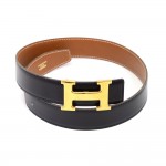 Hermes Brown x Black Leather x Gold Tone H Buckle Belt Size 65