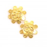 Chanel Gold Tone CC Logo Flower Motif Earrings