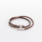 Hermes Tournis Brown Leather x Silver Tone Hook Double Wrap Bracelet
