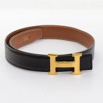 Hermes Brown x Black Leather x Gold Tone H Buckle Belt Size 70