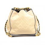 Vintage Chanel Beige Cotton x Navy Leather Bucket Shoulder Bag
