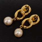 Vintage Chanel  Gold Tone Pearl Round Earrings CC Logo
