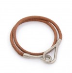 Hermes Brown Leather x Silver Tone Hook Double Wrap Jumbo Bracelet