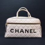 Chanel White Quilted Leather Large Boston Hand Bag