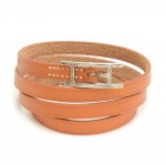 Hermes Api III Brown Leather Silver Tone H Logo Long Wrap Bracelet