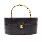 Vintage Chanel Oval Vanity Black Quilted Leather Large Cosmetic Hand Bag