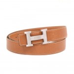Hermes Brown Leather x Silver Brushed Tone H Buckle Belt Size 95